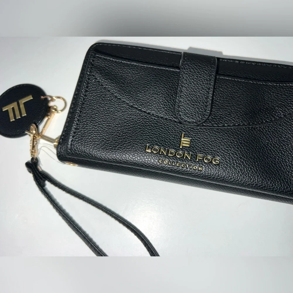 London Fog Black Felicity Pebble Zip Around Wristlet Wristlet with mirror‎
